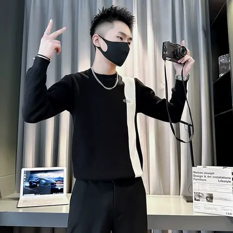 毛衣男秋冬季2023新款拼色休闲高级感潮男轻熟内搭加厚针织打底衫商品大图