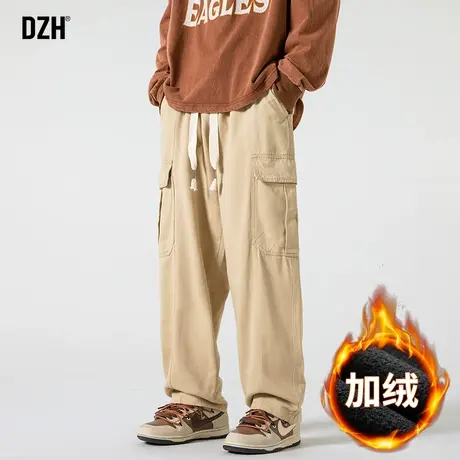 男士加绒加厚裤子男冬季直筒宽松2023新款卡其色工装裤男款伐木裤商品大图