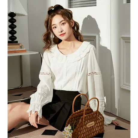 唐狮新款韩版宽松甜美女衬衫娃娃领白衬衫百搭通勤穿搭图片