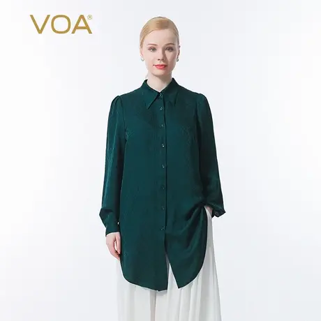 VOA真丝暗纹提花孔雀绿POLO领长袖直筒中长不对称褶皱桑蚕丝衬衫图片