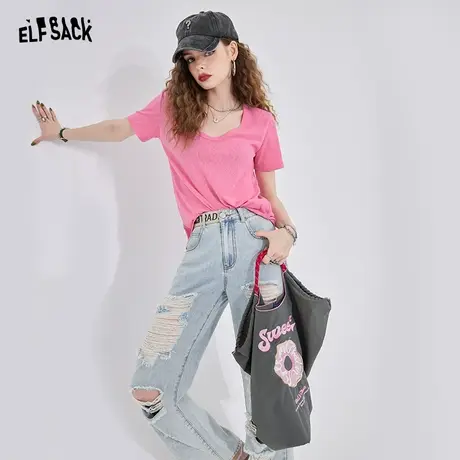 妖精的口袋竹节棉粉色正肩t恤女2023夏季新款薄款v领纯色短袖上衣图片