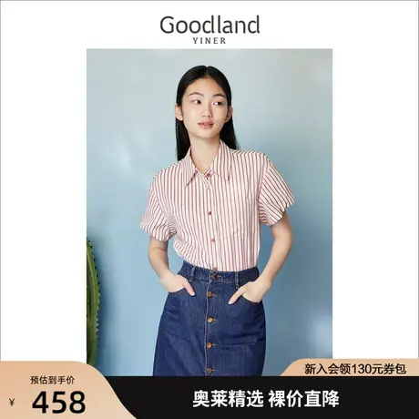 音儿美地女装2023夏季新款POLO领竖经典条纹轻薄短袖衬衫上衣商品大图