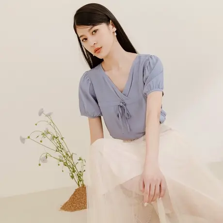 桔熊夏季通勤小衫飘逸纯色V领泡泡袖凉爽宽松上衣女装大码AB17251商品大图