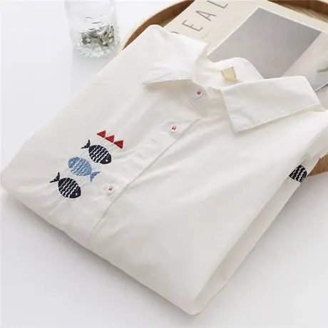 春秋新款女装韩版宽松小鱼刺绣纯棉白色衬衫翻领长袖百搭打底衬衣商品大图