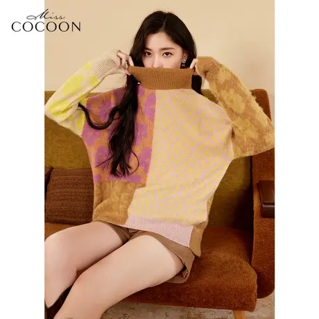 missCOCOON时尚高领毛衣女2023新款春季宽松撞色绵羊毛针织衫上衣商品大图