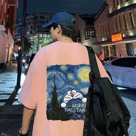 多啦A梦星空印花短袖T恤男潮牌纯棉日系港风复古圆领重磅宽松衣服商品大图