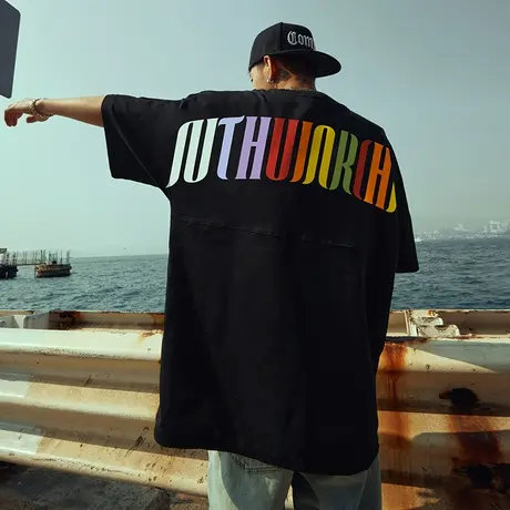 Nuthink欧美潮牌T恤男潮小众设计感情侣短袖大码宽松蝙蝠袖上衣商品大图