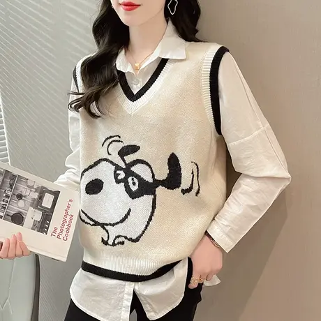 2023春款马甲针织衫女春v领上衣女夏卡通小狗背心外套慵懒风宽松商品大图
