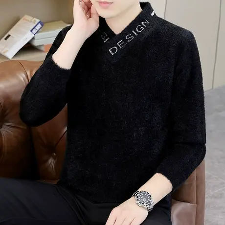 加厚一体绒毛衣男士秋冬季潮牌时尚鸡心领半高款水貂绒冬装针织衫商品大图