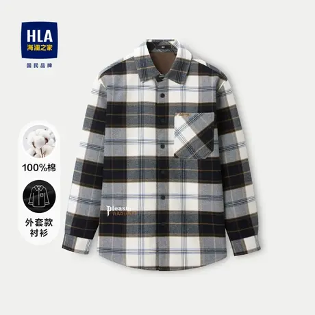 HLA/海澜之家保暖长袖衬衫23秋冬宽松休闲领格纹绣花加厚上衣男图片