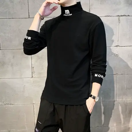 秋冬季半高领t恤男士长袖一体加绒加厚中领毛衣男打底衫内搭ins潮商品大图