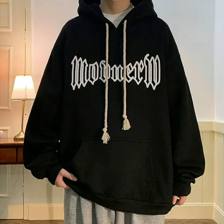 连帽卫衣男春秋季新款发泡字母套头休闲上衣服ins情侣装宽松外套商品大图