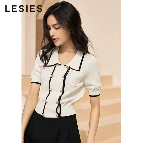 蓝色倾情 夏女装线下专柜商场同款 白色小香翻领双排扣针织衫图片