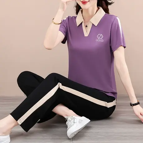 阔腿裤运动套装女2023年夏季新款时髦V领短袖减龄薄款长裤两件套商品大图