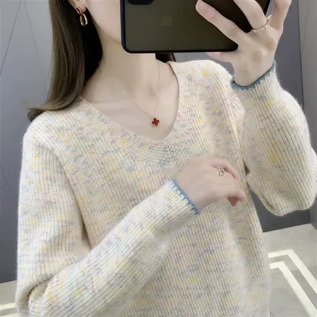 针织打底衫女内搭2023新款V领宽松百搭上衣女士毛衣外穿秋冬加厚图片