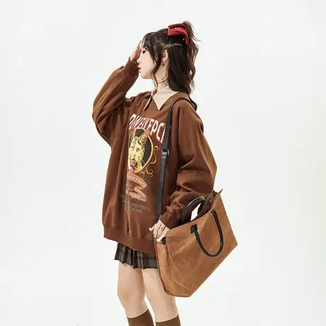 YEP美式复古卫衣女春秋2024年新款无帽圆领宽松oversize上衣外套商品大图