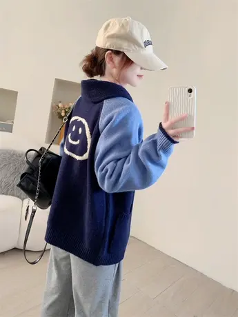 学院风宽松拼色笑脸拉链毛衣开衫女秋冬新款女装提花针织外套上衣图片