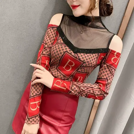 半高领打底衫女春秋性感镂空露肩T恤女长袖网纱拼接洋气质上衣潮商品大图