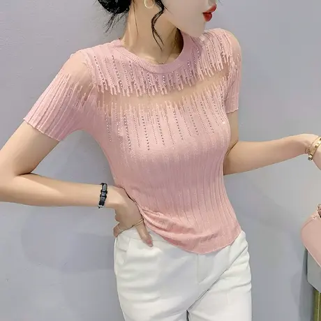 时尚烫钻镂空T恤女短袖设计感小众上衣夏季网纱拼接冰丝针织衫潮商品大图