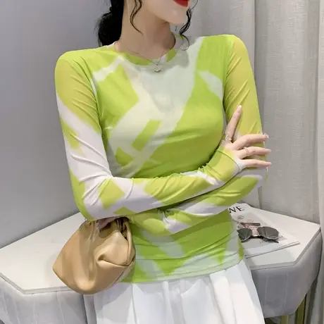 时尚网纱打底衫女长袖2024春秋新款扎染印花上衣欧货圆领个性T恤商品大图
