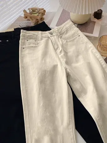 清仓捡漏外贸高腰牛仔裤女春季新款显瘦简约纯色直筒哈伦裤潮图片