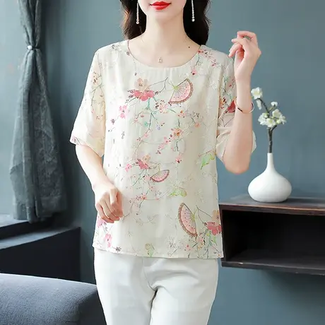 夏季女士宽松遮肚减龄短袖雪纺衫2023新款漂亮气质薄款绣花小衫女商品大图