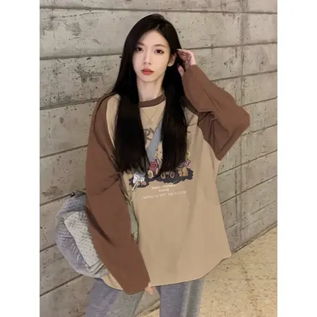 咖色撞色宽松oversize插肩t恤女2024新款纯棉印花修身长袖上衣女图片