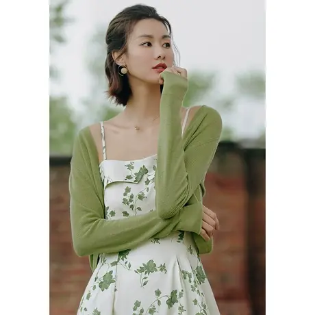 弥古绿色针织开衫女外套春秋外穿法式小坎肩披肩外搭罩衫短款上衣商品大图