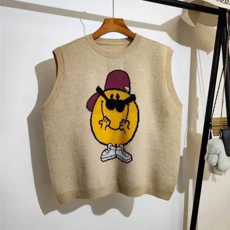 卡通针织马甲女秋冬新款慵懒风宽松圆领无袖毛衣背心坎肩马夹外穿商品大图