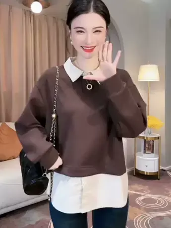 假两件衬衫拼接卫衣女2023年秋装新款小个子薄款上衣外套ins潮款商品大图