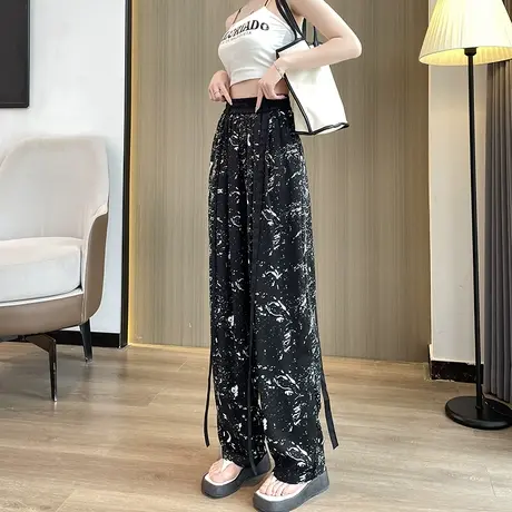 高腰冰丝阔腿裤女夏季薄款2023新款印花设计感防晒凉凉休闲直筒裤商品大图