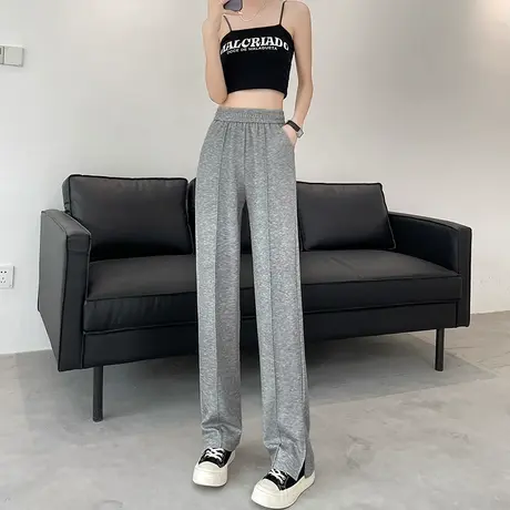 灰色开叉阔腿裤女春秋新款高腰垂感窄版直筒宽松显瘦休闲拖地长裤商品大图