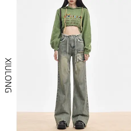 毛边高腰阔腿牛仔裤女春秋季2023新款显瘦直筒宽松复古美式喇叭裤商品大图