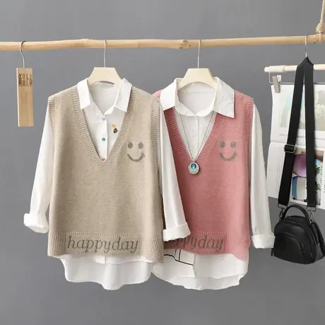 秋装简约笑脸纯色V领无袖针织背心女2023年叠穿马甲宽松上衣坎肩商品大图