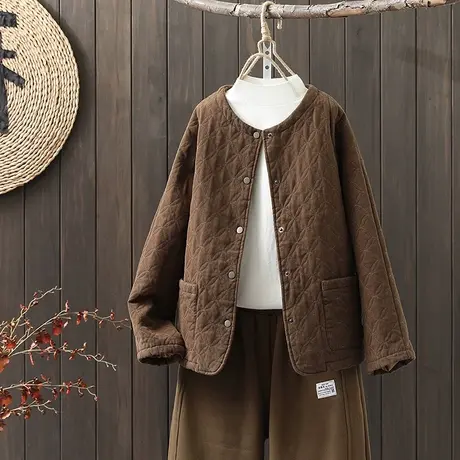 枫谜2021年冬季新款文艺复古低圆领棉衣女菱形夹棉外套棉服上衣图片