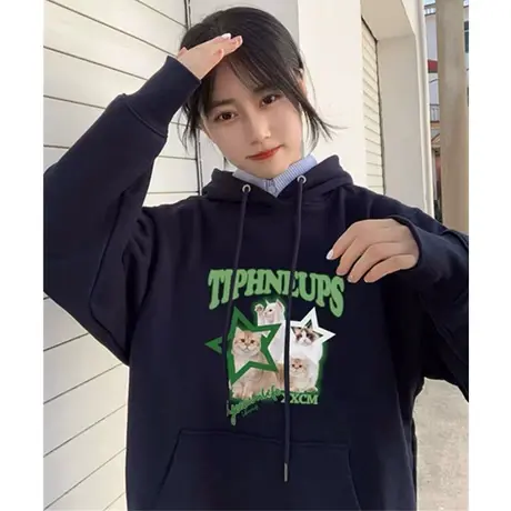 美式复古oversize潮牌卫衣女2023春秋薄款宽松慵懒风上衣连帽外套商品大图