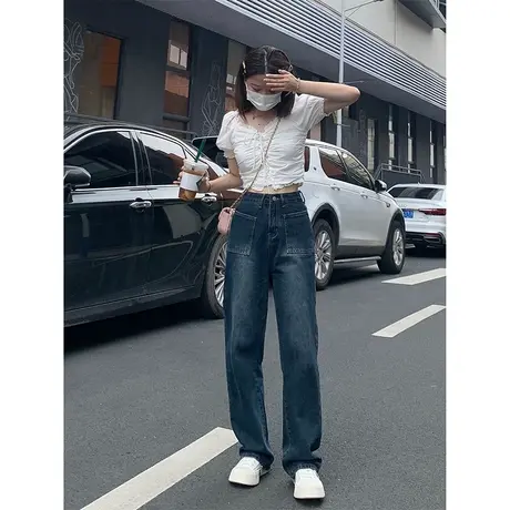 纯哥家复古美式阔腿牛仔裤2023年直筒高腰梨形身材拖地裤小个子女图片