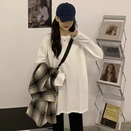早秋新款内搭打底衫女装上衣2023年韩版宽松圆领简约纯白长袖T恤图片