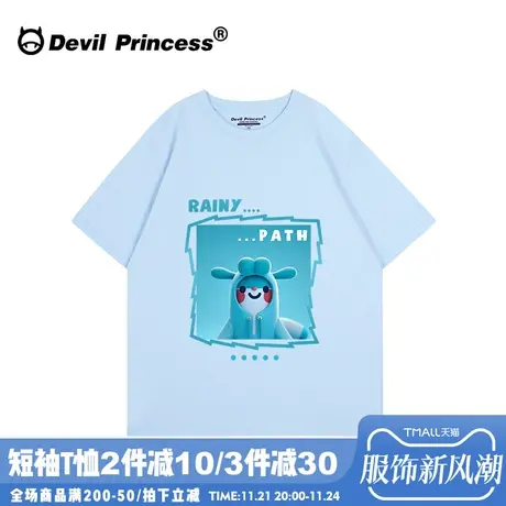 ulzzang小众卡通学院风天蓝色短袖女t恤宽松百搭正肩半袖上衣夏季商品大图