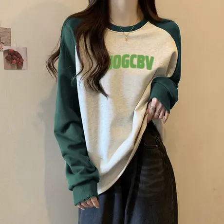秋冬季加绒加厚插肩袖拼色外穿打底衫女内搭长袖t恤学生宽松上衣商品大图