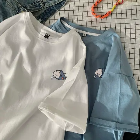 ulzzang港风大码复古小众短袖T恤纯棉国潮宽松oversize上衣情侣装图片