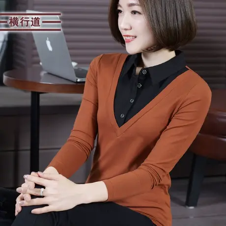 黑色长袖T恤女装衬衫领洋气打底衫假两件开叉上衣莫代尔2025春装商品大图