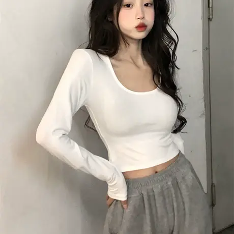 2024早秋季新款高级感设计感打底衫内搭短款正肩t恤女长袖上衣ins商品大图