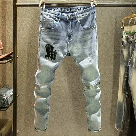 拼接拉链长裤男士夏季牛仔裤韩版修身小脚裤ins潮牌破洞弹力裤子商品大图