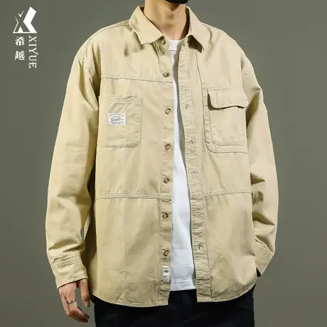 希越男士长袖衬衫秋冬新款多口袋翻领衬衣宽松大码杏色纯棉外套潮商品大图