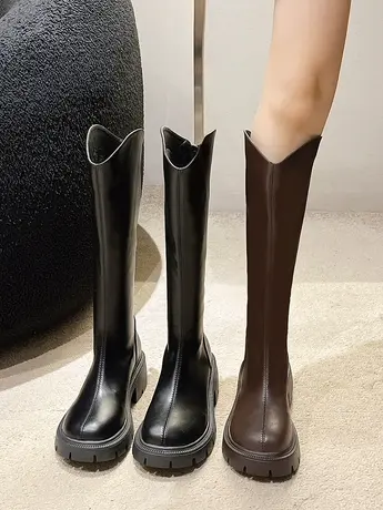 长筒靴女厚底v口粗腿mm显瘦高筒长靴2023年新款秋冬季瘦瘦骑士靴商品大图