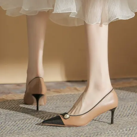 小香风拼色珍珠高跟鞋女2024新款春季尖头细跟单鞋法式浅口职业鞋图片