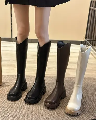 小个子长筒靴女2023年新款V口白色显瘦不过膝骑士靴高筒厚底粗跟商品大图