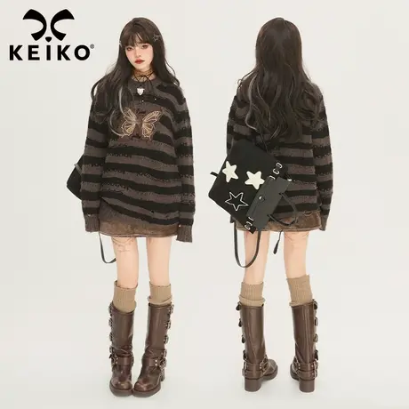 KEIKO 蝴蝶绣花条纹毛衣女冬季新款慵懒风破洞镂空宽松长款针织衫商品大图