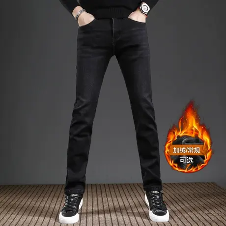 黑色加绒牛仔裤男款直筒秋冬款2023新款弹力修身男士裤子冬季加厚商品大图